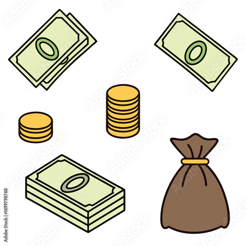 Money Matters An Illustration of Currency Stacks Coins and a Brown Bag of Funds