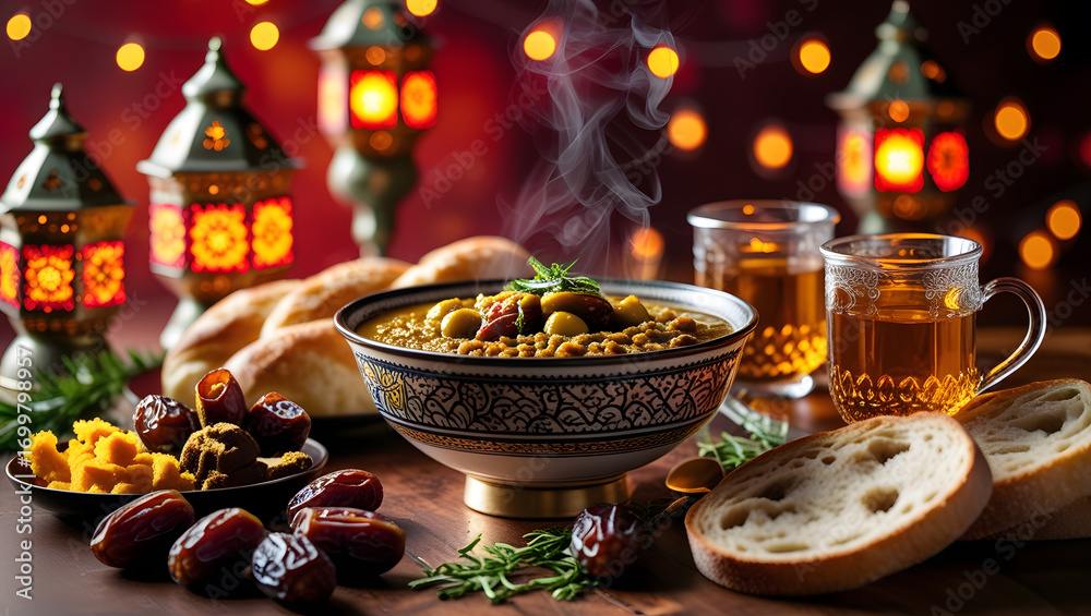Fototapeta premium Steaming bowl of lentil soup with olives, bread, dates, and tea in warm festive setting