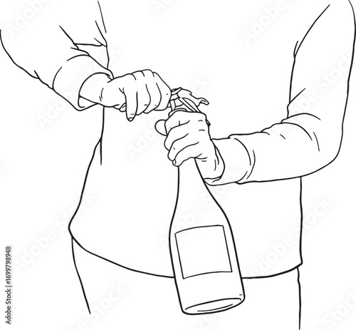 Hands opening a champagne or sparkling wine bottle with a corkscrew. This line art illustration captures the anticipation of a celebration, perfect for designs related to parties, events, or festive.