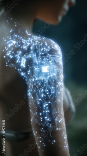 Innovative biometric patch on upper arm displaying intricate microcircuit patterns and scanning light effects in modern healthcare technology