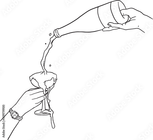 A bottle of sparkling wine or champagne pouring into a coupe glass, overflowing with bubbly foam. This dynamic line art illustration captures a moment of joyful celebration.