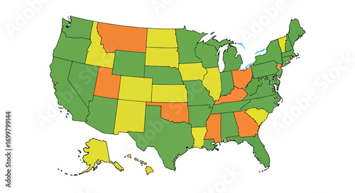 Geographic diversity: a colorful map representing states within United States of America distribution, highlighting varied demographics and regional