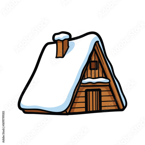 Cartoon A-frame cabin with snow-covered roof and chimney.
