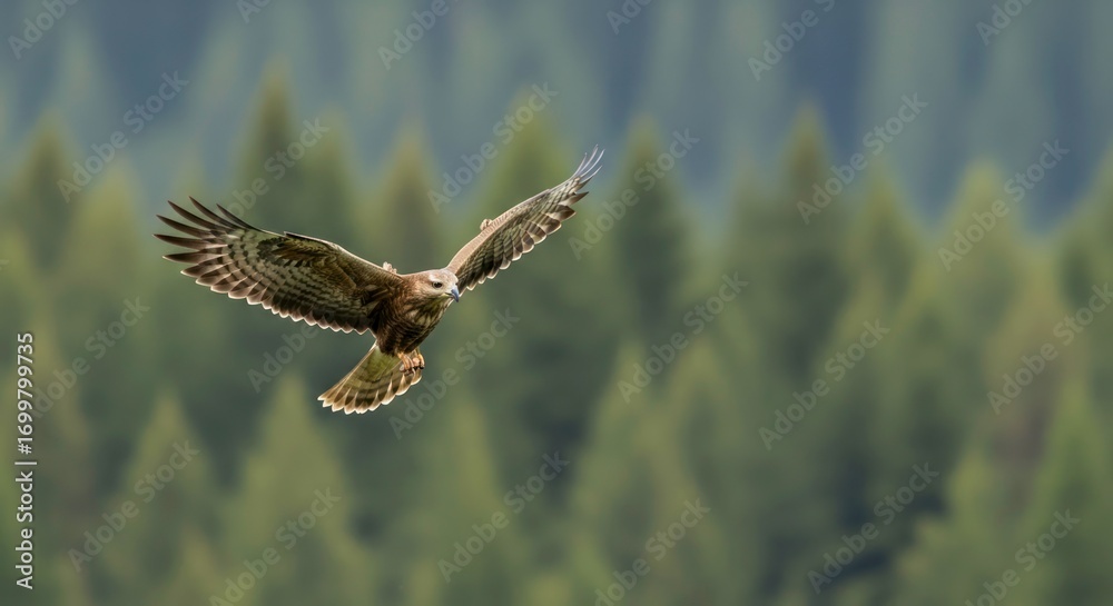 Fototapeta premium Majestic Buzzard Soars Through Misty Forest Canopy with Wings Spread Wide