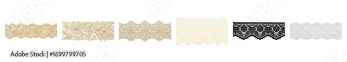 Elegant lace trim set including various floral, eyelet, and scroll patterns in black, cream, and white isolated. Decorative textile borders.