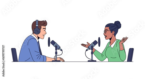 Two people wearing headphones are sitting at a table and talking into microphones, illustrating the concept of podcasting and audio recording for interviews or shows