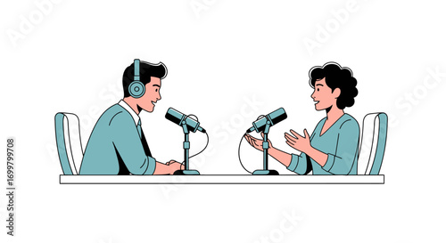 Illustration of two people wearing headphones and speaking into microphones, in a podcast studio, discussing topics and sharing ideas, creating engaging audio content for listeners worldwide