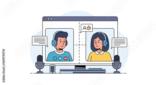 Illustration of two people in a video call, communicating through microphones and headphones, representing online communication and virtual meetings in a digital world