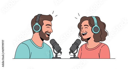 Illustration of a happy man and woman laughing into microphones with headphones on, suggesting a podcast or radio show conversation