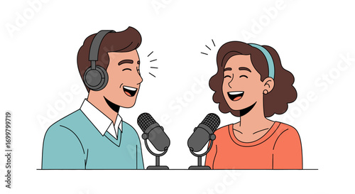 Two smiling people wearing headphones talking into microphones, illustrating the concept of podcasting, audio recording, and online content creation with a focus on communication and expression