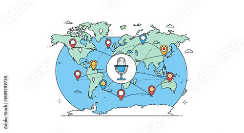 Global Network of Communication and Connection, Represented by a World Map with Location Pins and a Microphone Icon, Symbolizing Broadcasting and Information Exchange Across the Planet