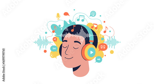 Close-up of a person wearing headphones and enjoying music, with abstract sound waves, notes, and icons floating around their head, representing the joy and immersion of listening to audio