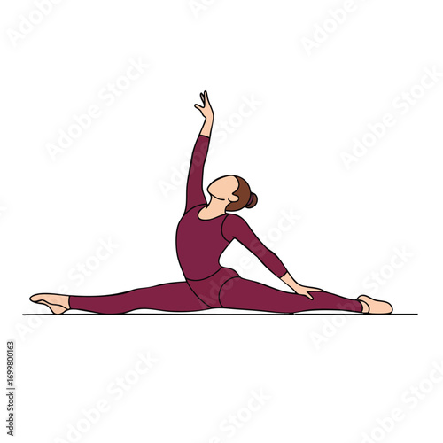 Woman in maroon jumpsuit performing a full split with arm raised.
