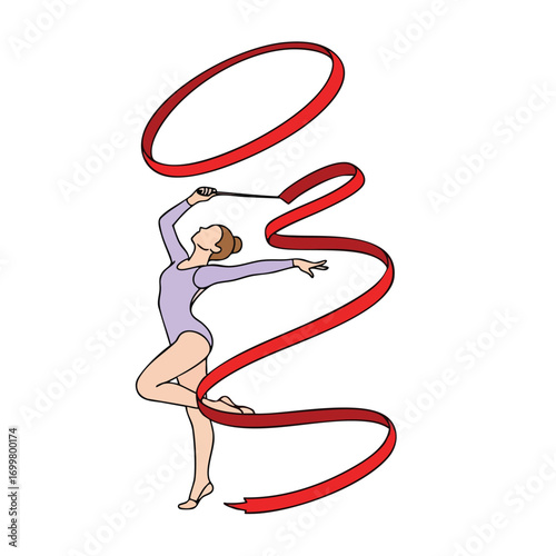 An elegant rhythmic gymnast in a purple leotard gracefully twirls a long flowing red ribbon.