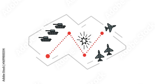 Military strategy graphic showcasing a coordinated ground and air operation symbolizing tactical decisions and strategic warfare planning simulation