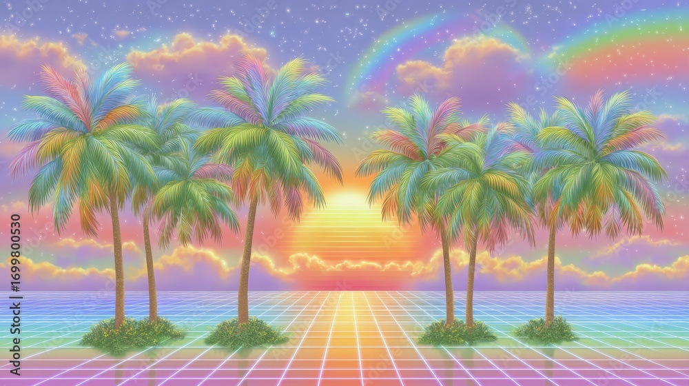 Naklejka premium Pastel Sunset with Rainbow and Colorful Palm Trees on Retro Grid Beach