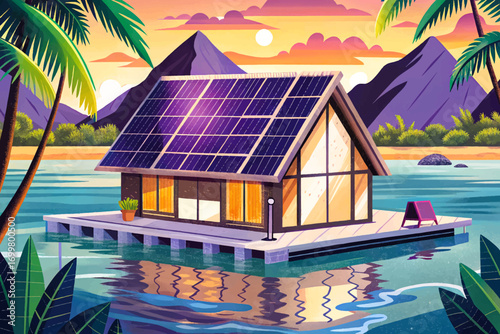 Floating eco cabin with solar panels on tropical lagoon, sustainable modern retreat in paradise