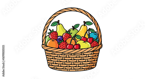 A colorful cartoon basket filled with a variety of fruits including pears cherries and strawberries ai generated