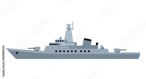 Stylized vector rendition of a modern naval warship with weapon systems depicted against a white background image of frigate or destroyer 90 character