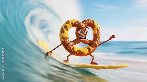 A cheerful pretzel character surfing on a wave, showcasing fun and adventure by the ocean
