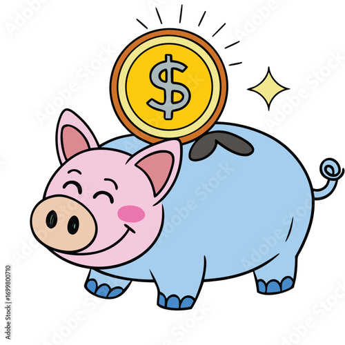 Cute piggy bank with dollar coin, symbolizing savings and financial growth
