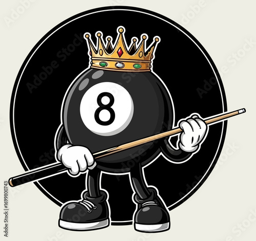 King of Pool 8 Ball Cartoon Mascot with Crown and Cue