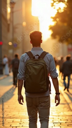 A young man with a backpack walks down a sun-drenched city street, bathed in the warm glow of the setting sun.
