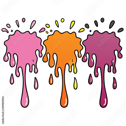 Creative, colorful cartoon paint drips in pink, orange, and purple hues