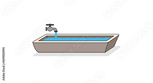 Stylized bathtub illustration featuring a chrome faucet and filling with crystal clear water inside a bright and minimal scene