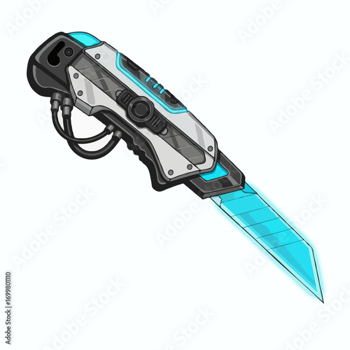 Futuristic Utility Knife Illustration with Glowing Blade and Mechanical Detailing