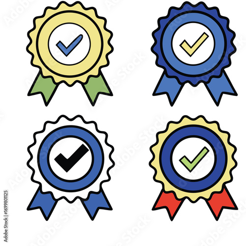 Verified checkmark badge icons for quality assurance and trust with ribbon design