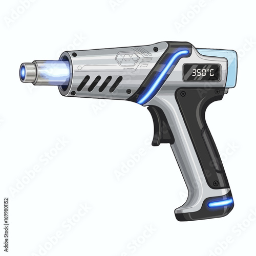 Futuristic science fiction heat gun with glowing blue plasma, a high-tech tool concept art isolated on a white background