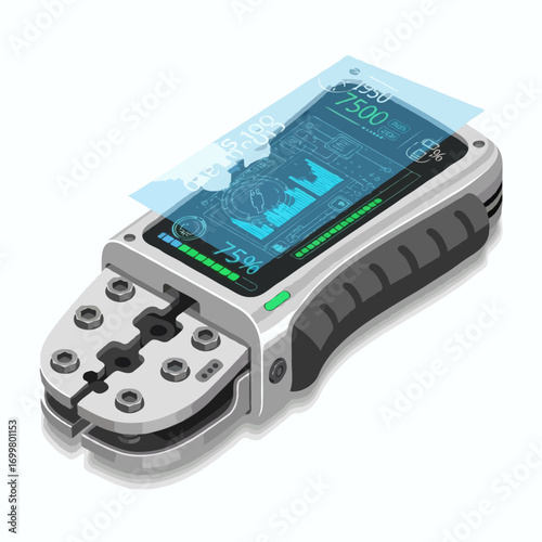 Isometric illustration of a futuristic smart crimping tool with a digital holographic display for data analysis