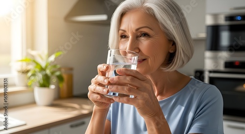 A smiling senior woman holding a glass of water in a bright kitchen, enjoying the sunlight.