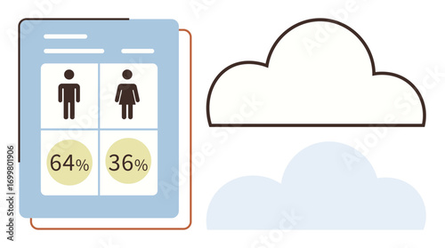 Gender comparison panel displaying male and female percentages alongside cloud icons. Ideal for gender analysis, data visualization, cloud storage, technology, research, business analytics, simple