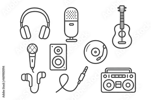 Musical instruments and recording gear displayed in a creative arrangement showcasing audio elements