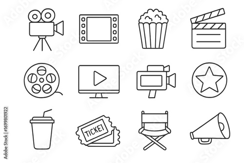 Movie-themed icons showcasing elements of film production, enjoyment, and cinema experience