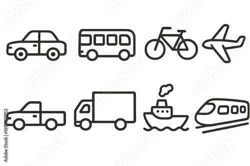 Various modes of transportation illustrated in simple line art style