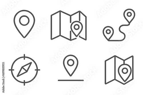 Vector icons of navigation tools featuring maps, location pins, and compass symbols for outdoor adventures and travel planning