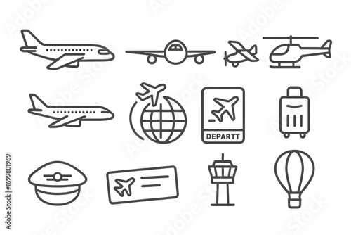 Air travel icons showcasing various modes of transportation and travel essentials in a simple design