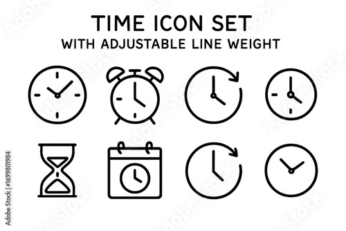Collection of time icons featuring various clock designs and an hourglass in a minimalist style