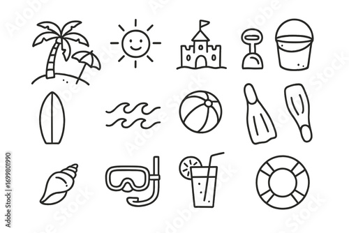 Fun beach activities in summer including surfing, snorkeling, and building sandcastles