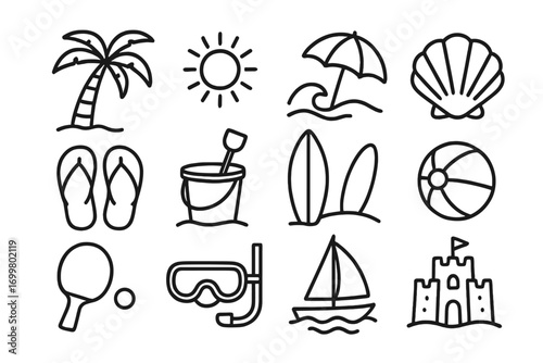 Colorful summer icons representing beach activities, relaxation, and fun under the sun