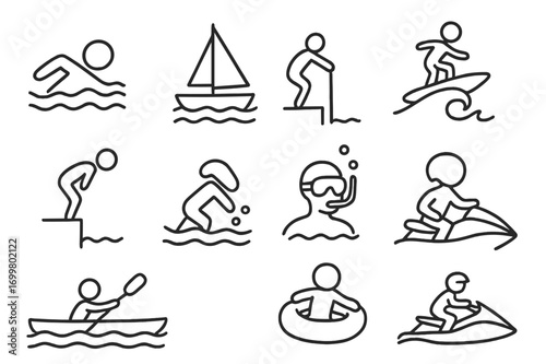 Collection of water sports icons illustrating various aquatic activities in a minimalist style