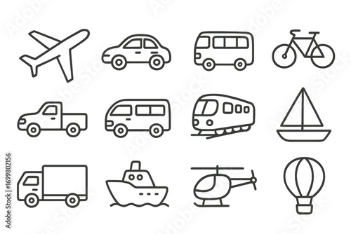 Various modes of transportation represented in simple line drawings