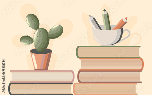 Composition of a stack of books with a cactus and pencils in a cup for World Book and Copyright Day. Vector.