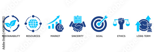 Corporate social responsibility icon set in Blue style Flat vector illustration concept relate to  sustainability, resources, market, sincerity, goal, ethics and long term