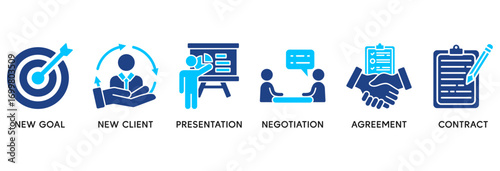 Business contract icon set in Blue style Flat vector illustration concept relate to  new goal, new client, presentation, negotiation, agreement, contract