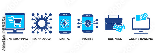 E-Payment icon set in Blue style Flat vector illustration concept relate to  internet banking with icon of online shopping, technology, digital, mobile, business and online banking