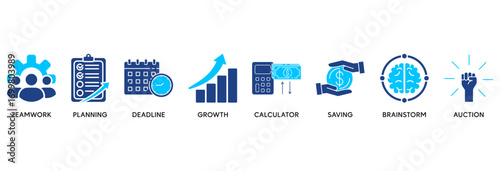 Business planning icon set in Blue style Flat vector illustration concept relate to  teamwork, planning, deadline, growth, calculator, saving, brainstrom, auction